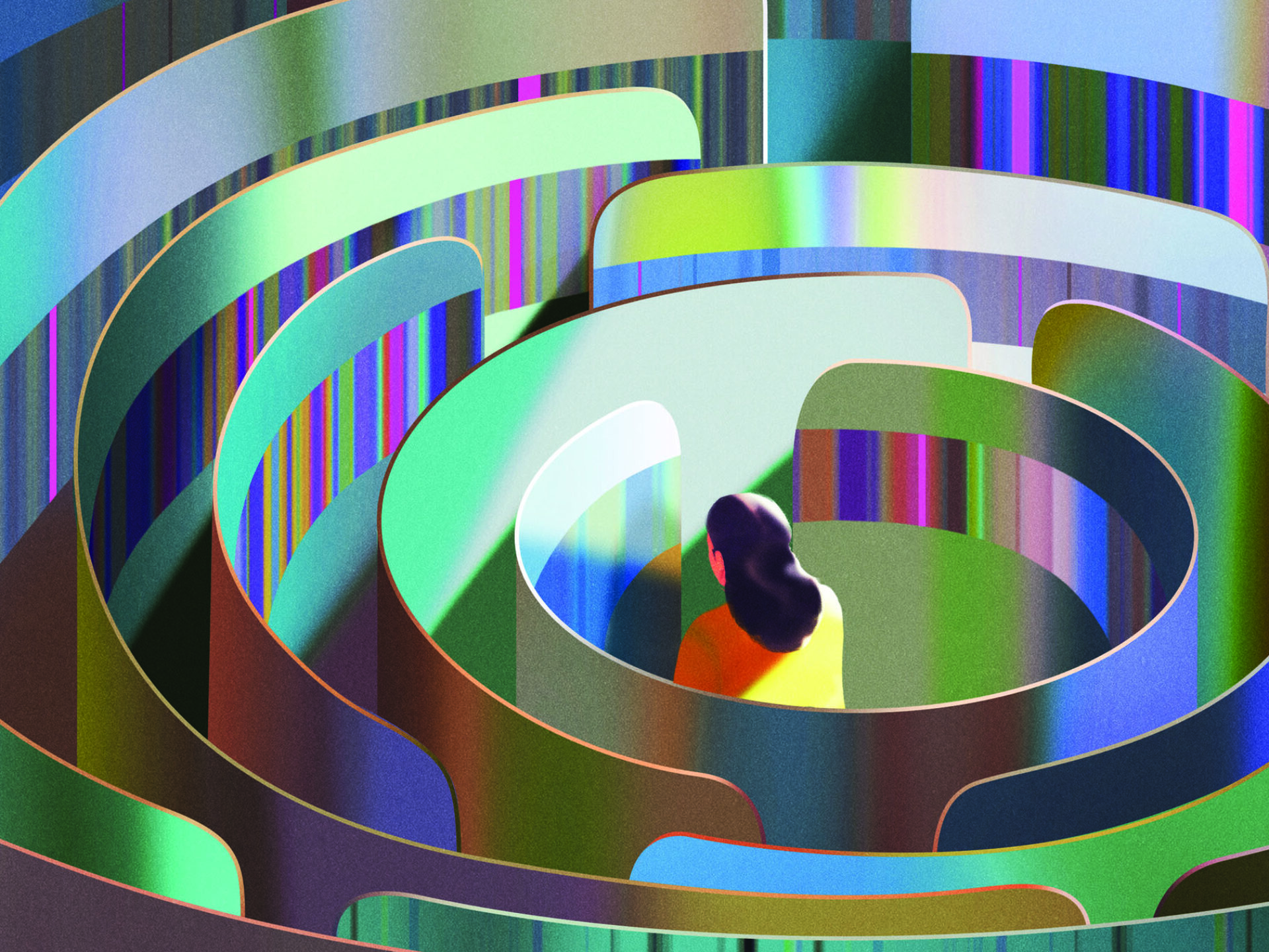 A graphic illustration of a woman navigating a maze.