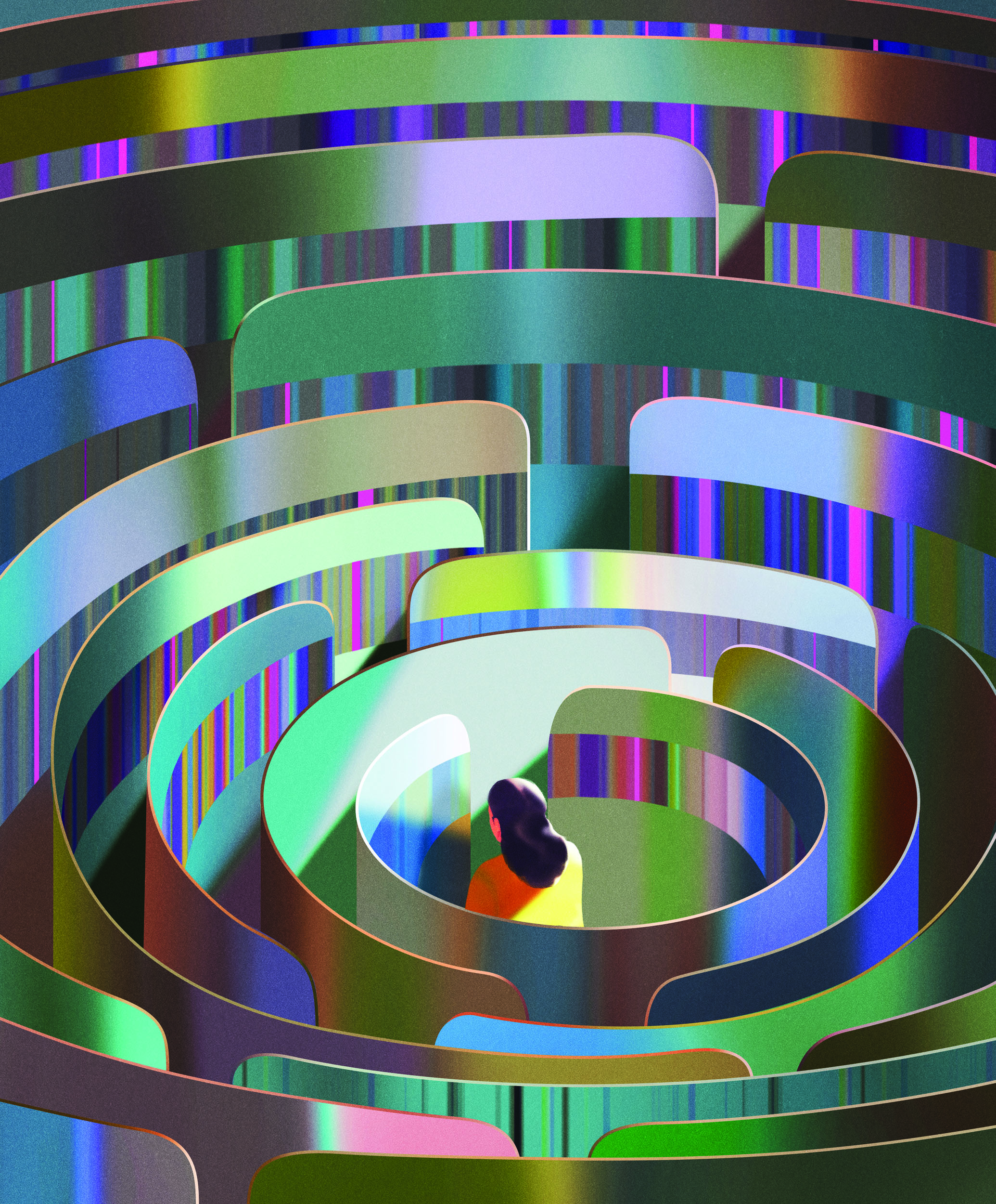 A graphic illustration of a woman navigating a maze.