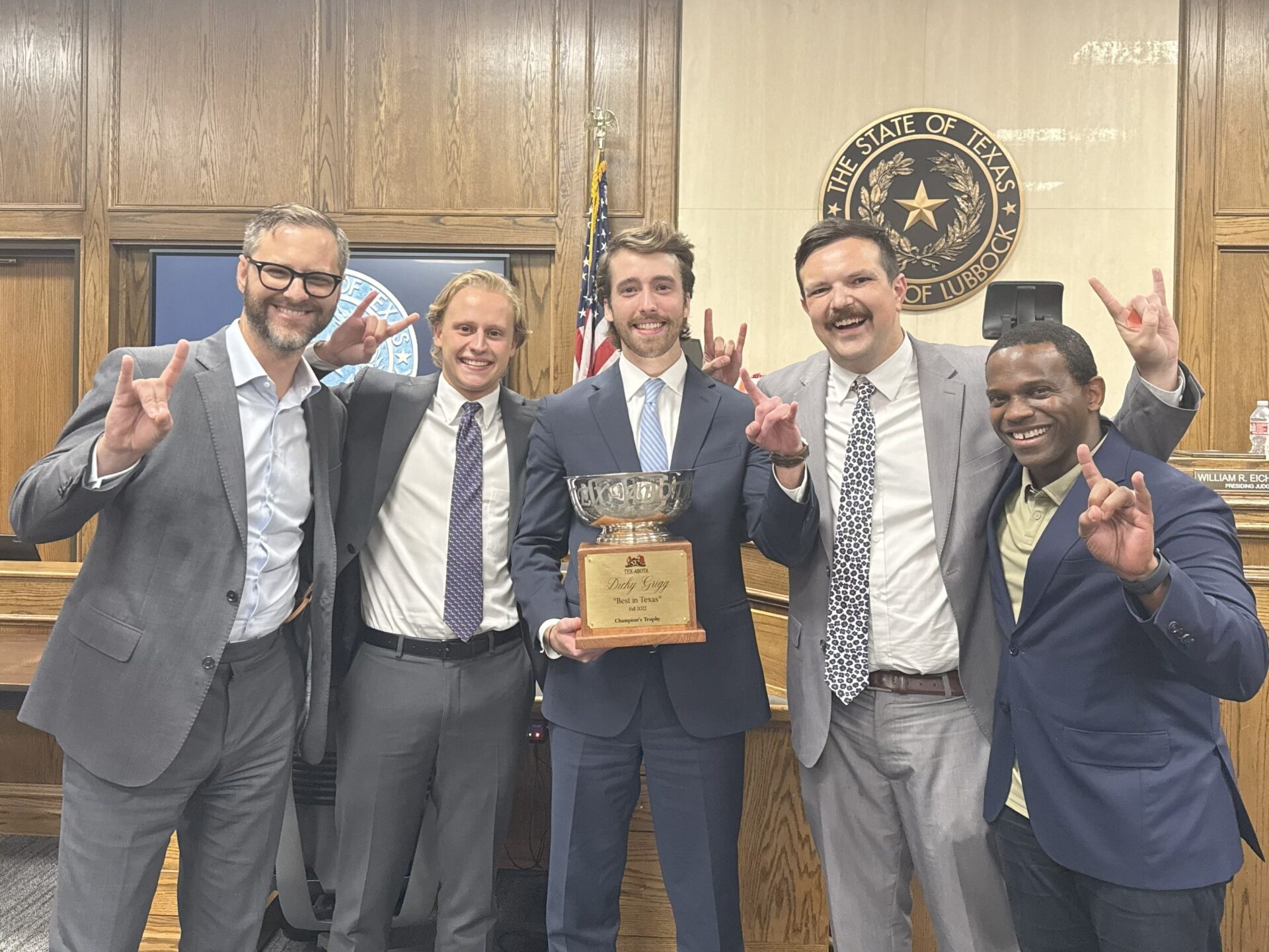 Photo of Brian Pounds, Jack Rabinowitz, Tyler Merkley, J.D. Newman, and David Henderson at the TEX-ABOTA Best in Texas Voir Dire competition