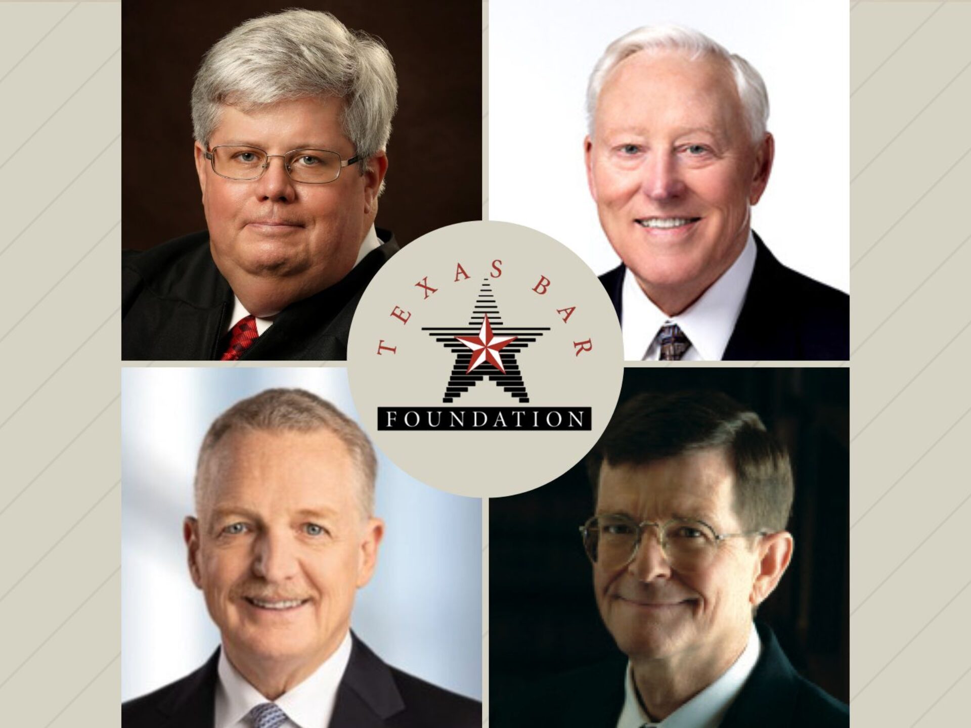A graphic with photographs of Texas Law alumni recipients of 2023 Bar Foundation Awards with the Bar Foundation Awards logo in the center.