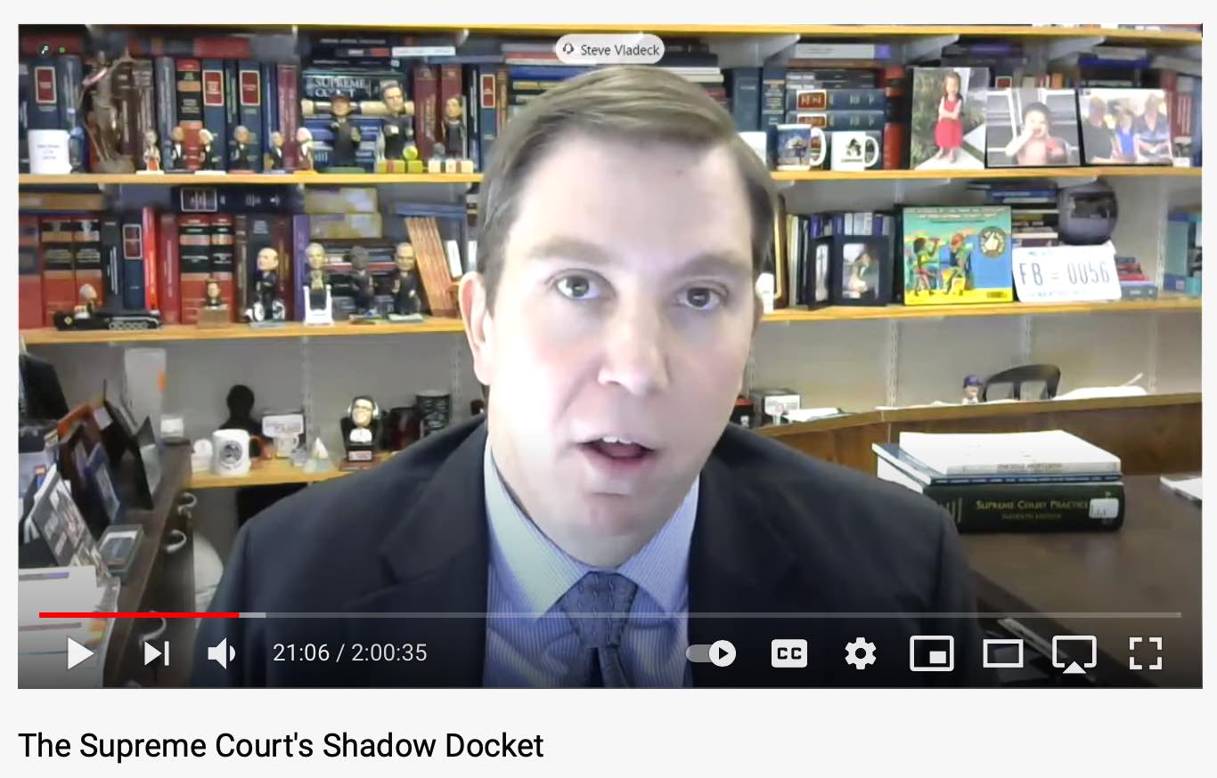 Screen image of Prof. Steve Vladeck talking to the camera while testifying on YouTube
