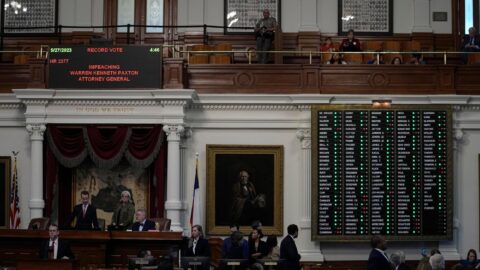 A photograph of the Texas House of Representatives' voting board to impeach Ken Paxton.
