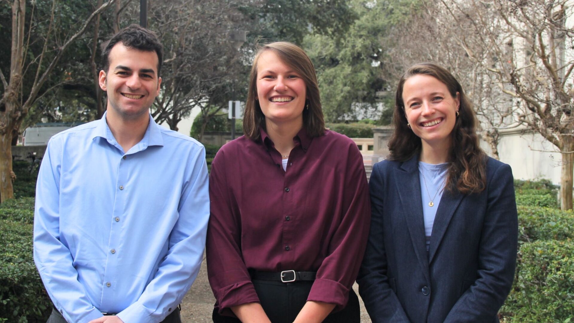 Photo of Harry Katz, Cate Byrne, and Eliot Schulte outside the CCJ