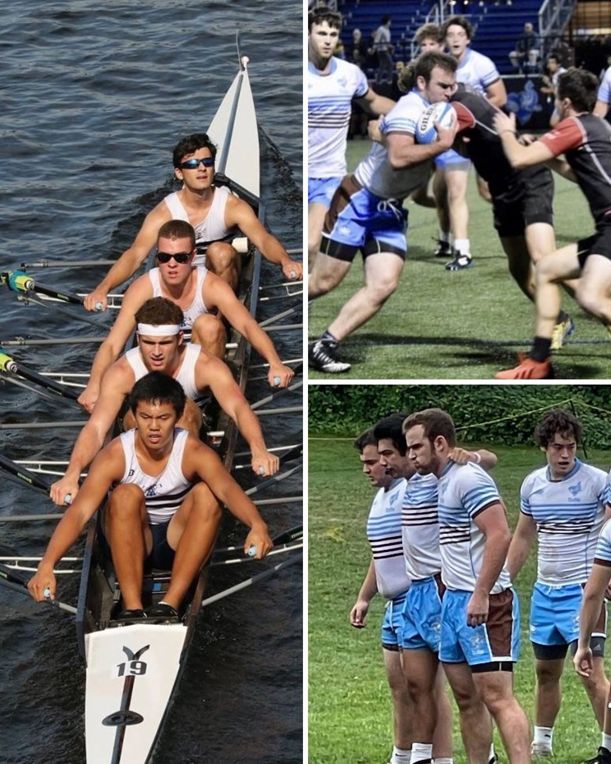 Collage of Malcolm Zuckerman competing in rowing and rugby.