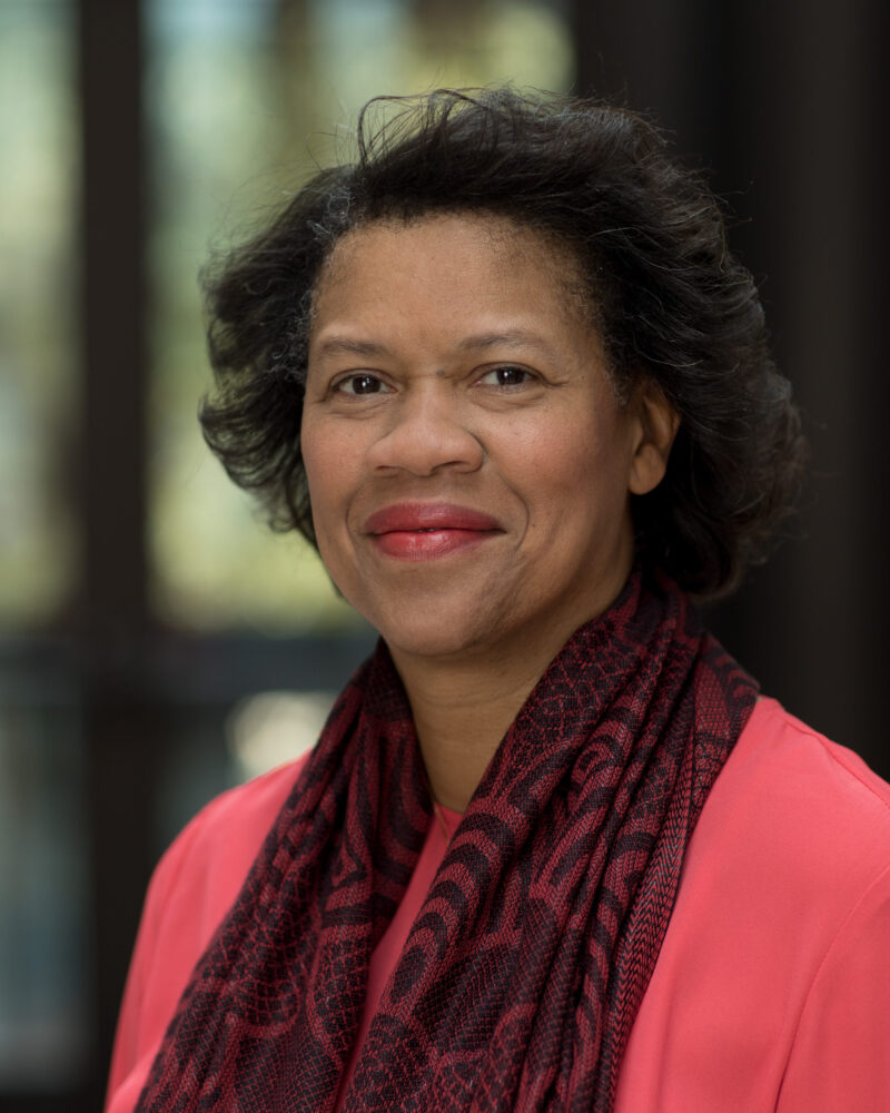 Portrait of Prof. Mechele Dickerson wearing a pink shirt with a pink and black scarf around her neck.