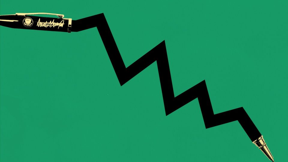 An illustration of Donald Trump's signign pen as crashing stock market graph line