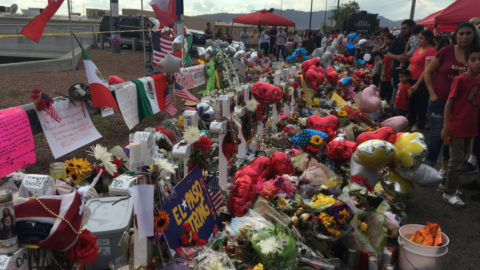 Memorials of crosses, flowers, and balloons in El Paso