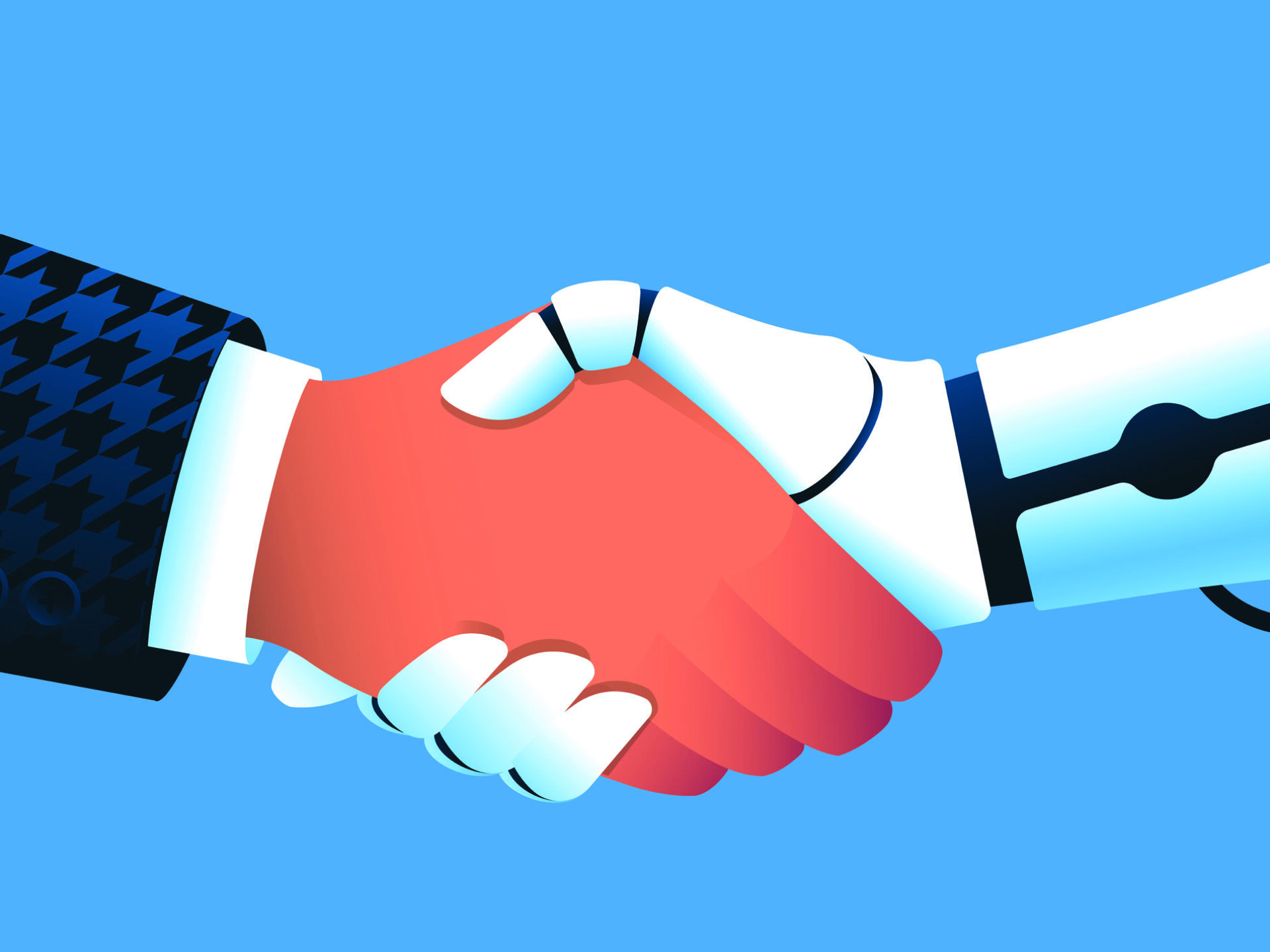 Robot and man handshaking. Chatbot assistance, using ai in daily life concept. Vector illustration. Getti Images.