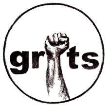 Black and white illustration of an upraised fist in a circle with the first serving as the letter I in the words GRITS