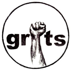 Black and white illustration of an upraised fist in a circle with the first serving as the letter I in the words GRITS