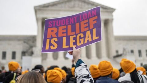 Student loan borrowers and advocates demonstrate outside the Supreme Court.
