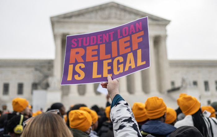 Student loan borrowers and advocates demonstrate outside the Supreme Court.