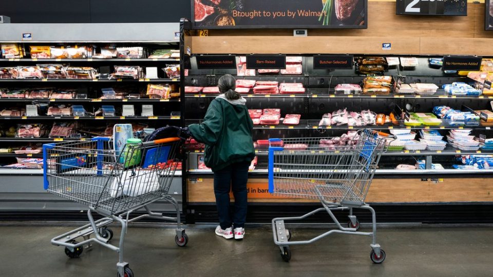 A woman pushes a shopping cart and looks at the selection in the meat section of a grocery store