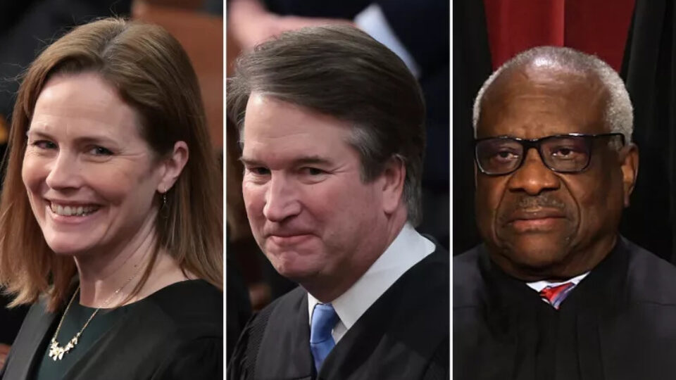 Conservative Supreme Court Judges Barrett, Kavanaugh, and Thomas.