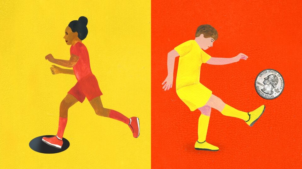 Drawing of girl with dark skin in red outfit versus boy with pale skin in yellow outfit who is kicking a coin.