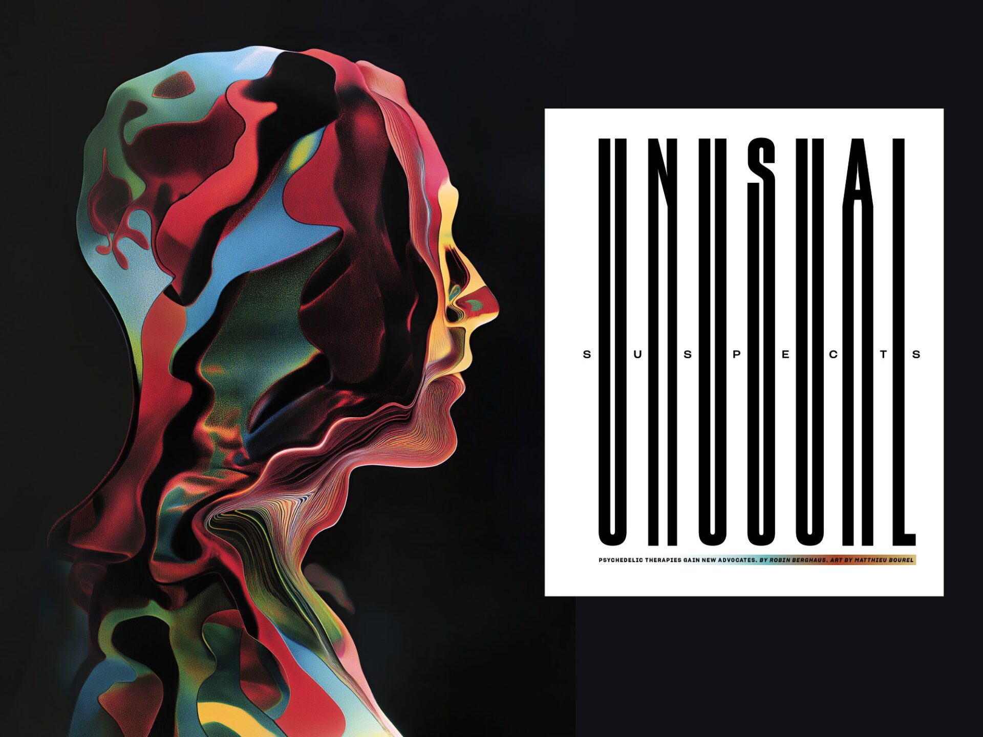SPD60 Awards, Gold Medal – Best Design: Single Spread for “Unusual Suspects,” Fall 2024  – Psychedelic colorful Illustration of human silhouette 
