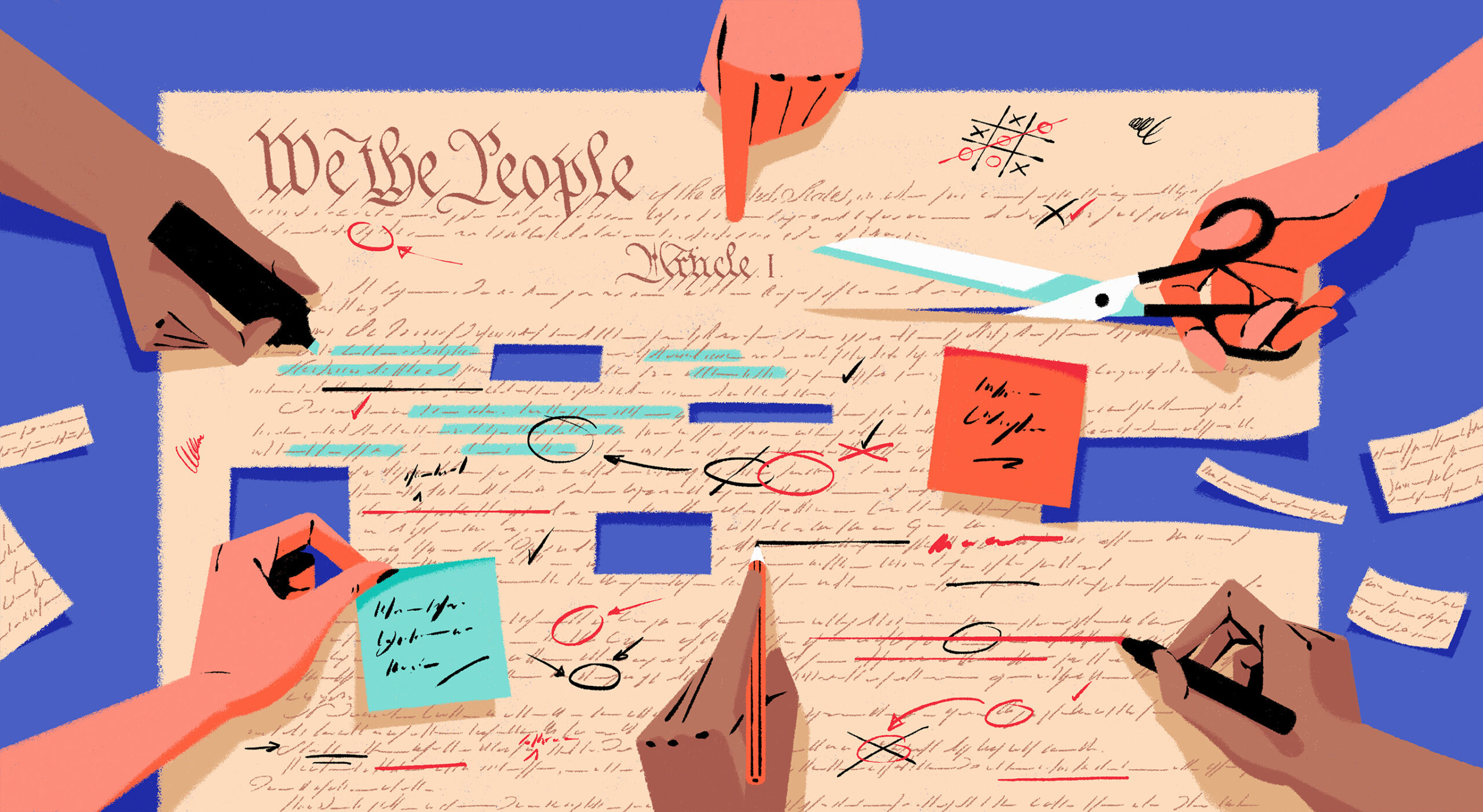 TLM_Fall2024_We The People - Illustration of hands writing the We the People. Art by Matt Harrison / Ikon Images