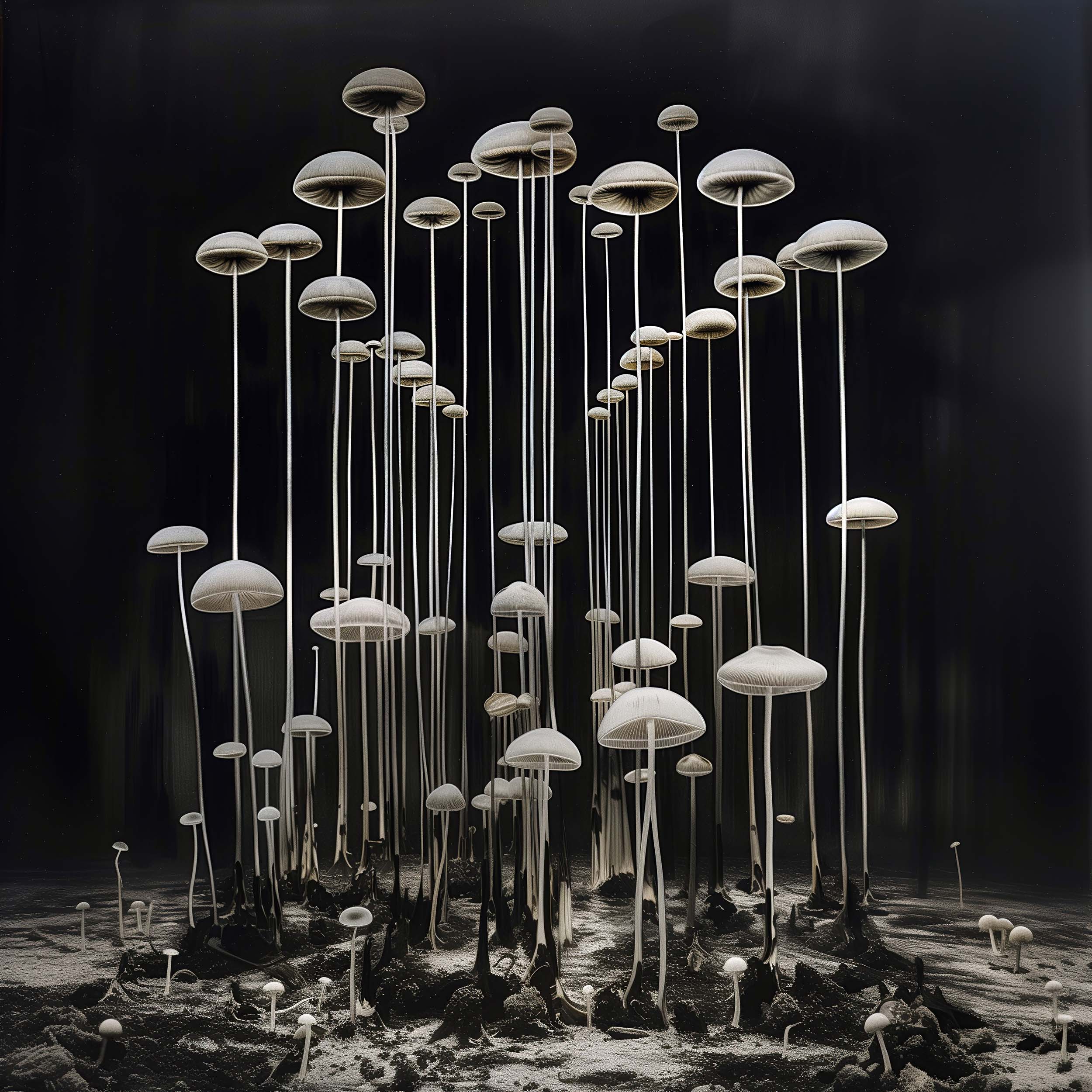 Dark illustration of tall mushrooms. Art by Matthieu Bourel