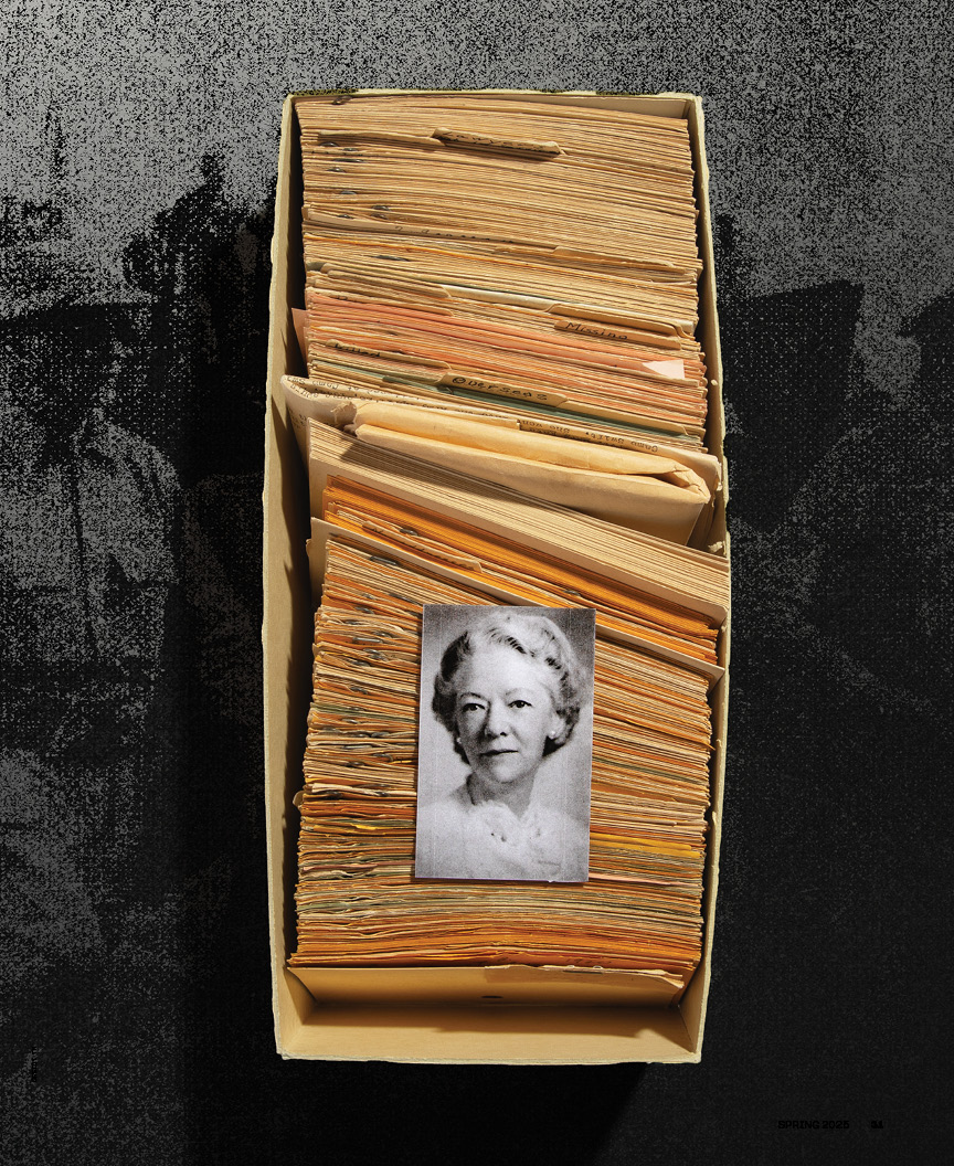 An image of Helen Hargrave sits on a single drawer from her card catalogue of various alumni, divided here as “Missing,” “Killed,” and “Overseas.”