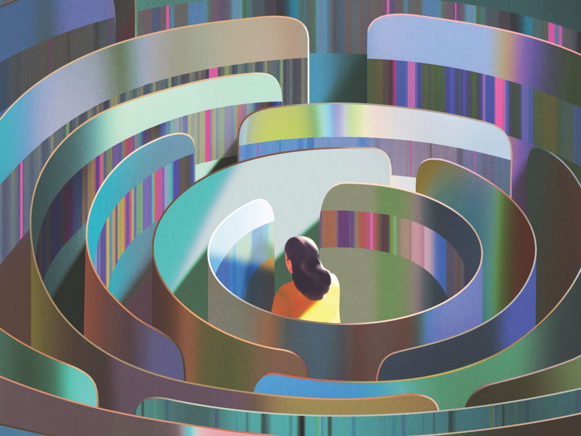 An illustration of a woman wandering through a maze.