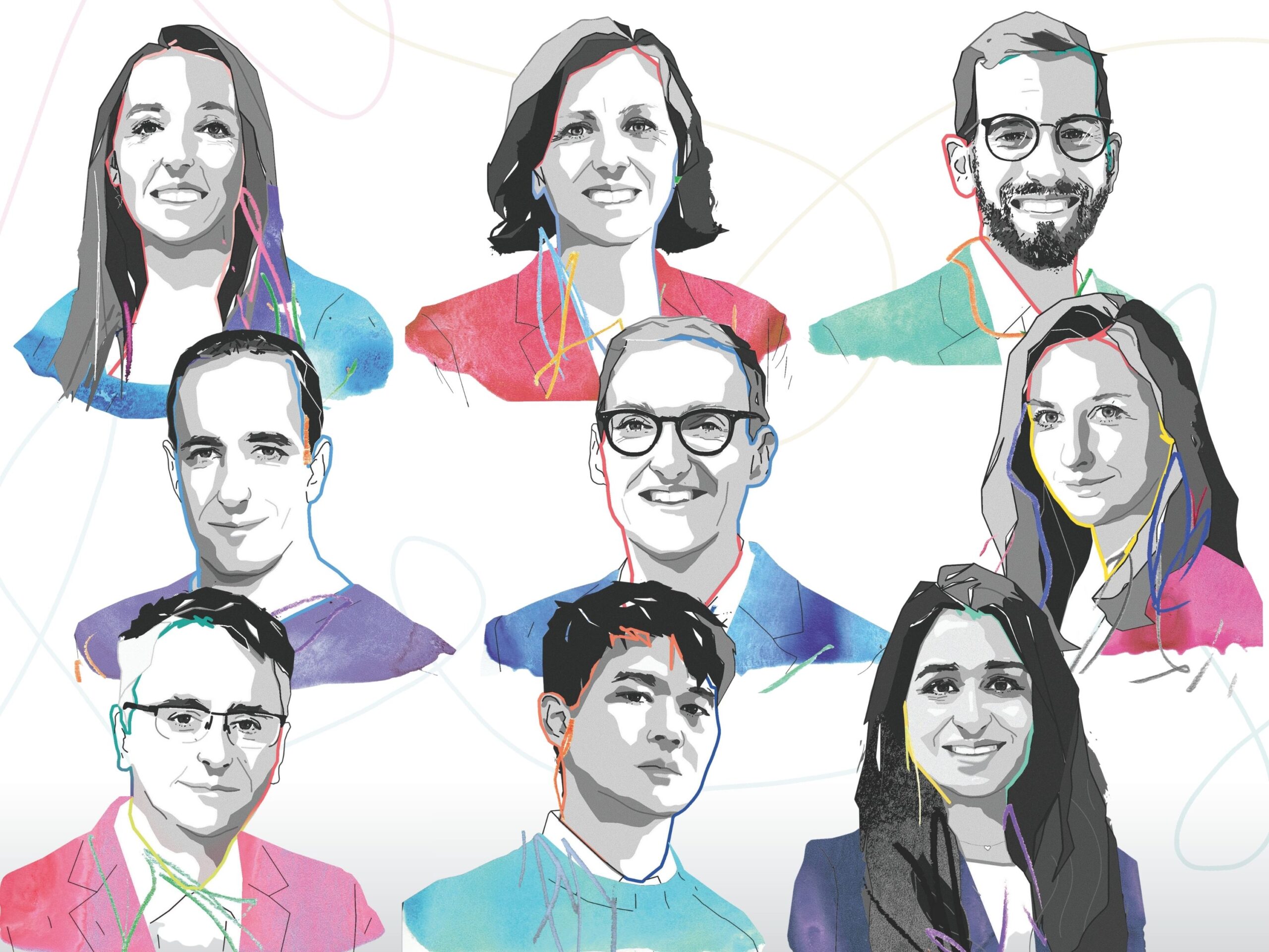 A collage of illustrations of new Texas Law faculty members.