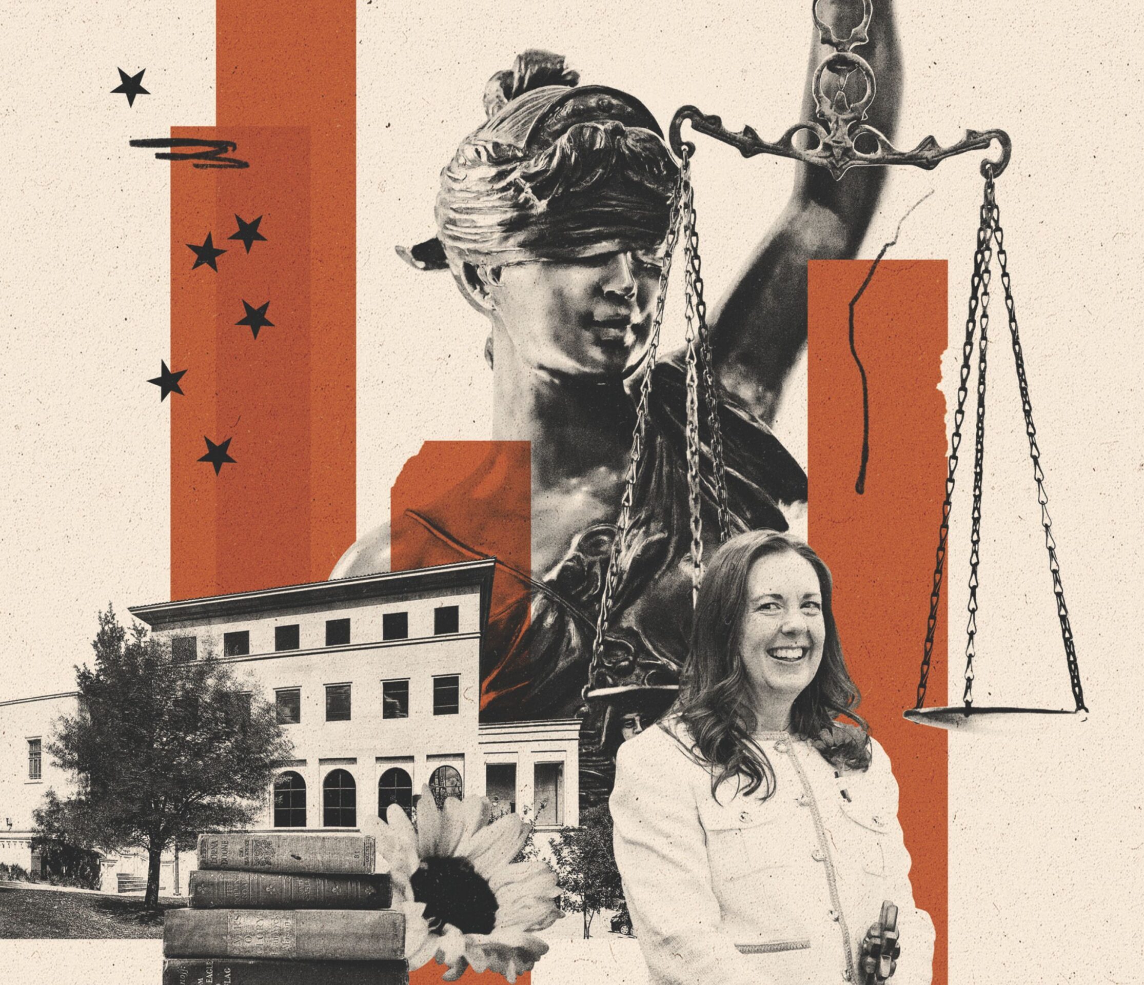 A collage illustration of the law school, a sunflower, a statue of Lady Justice, and Dean Elizabeth Bangs.