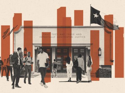 A graphic of students walking into Texas Law.