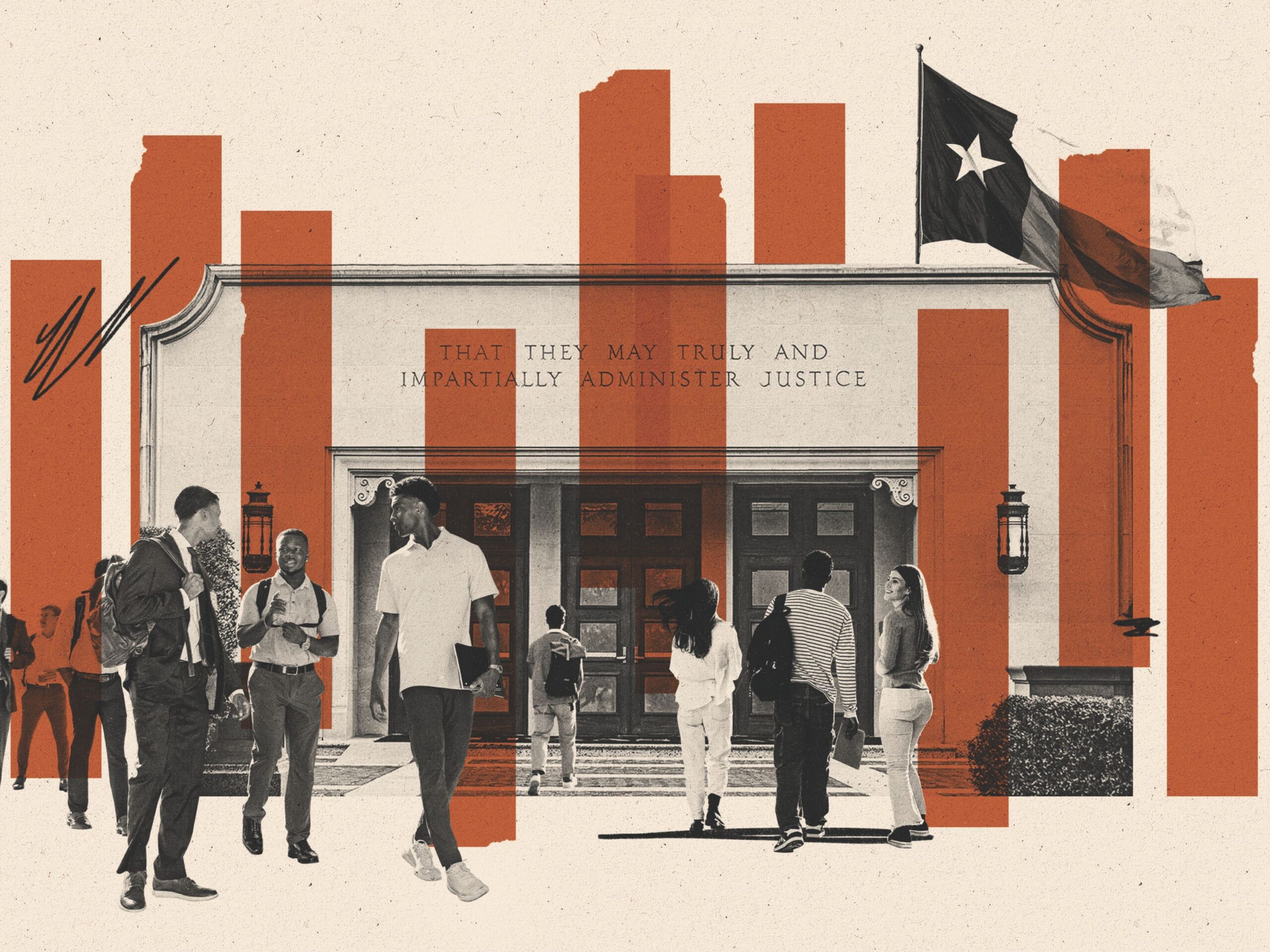 A graphic of students walking into Texas Law.