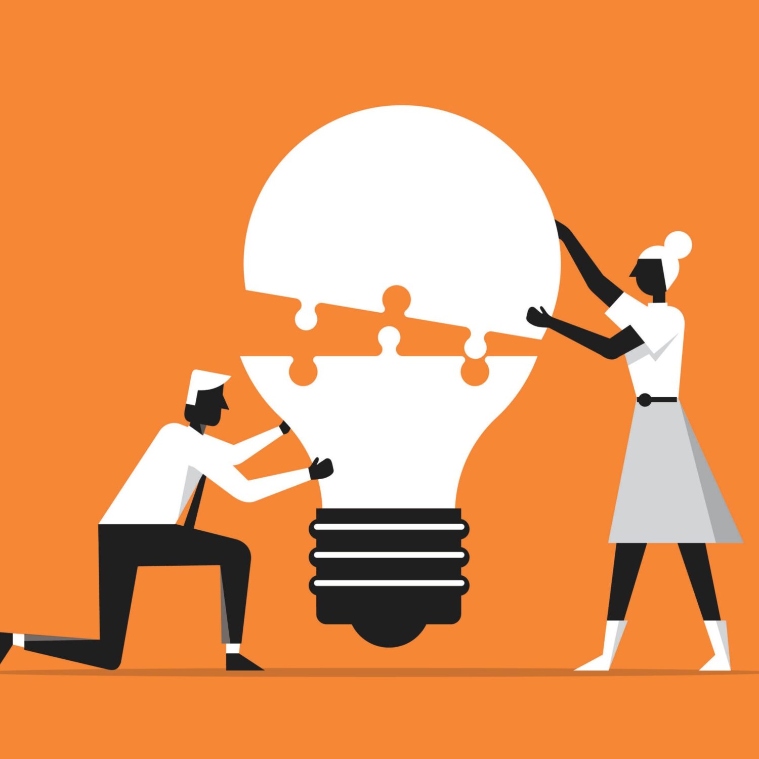 Illustration of the network effect showing black and white figures and a lightbulb on an orange background.