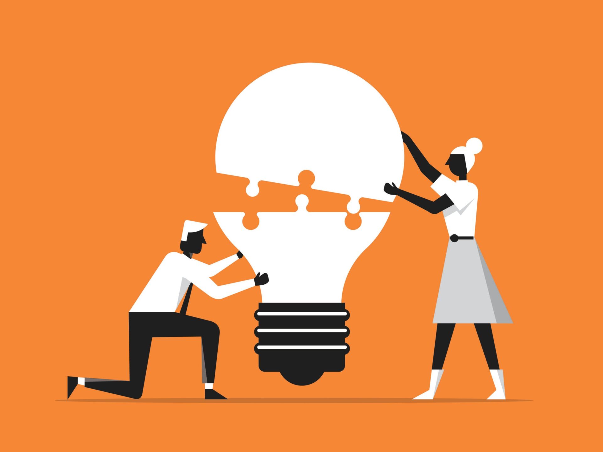 Illustration of the network effect showing black and white figures and a lightbulb on an orange background.