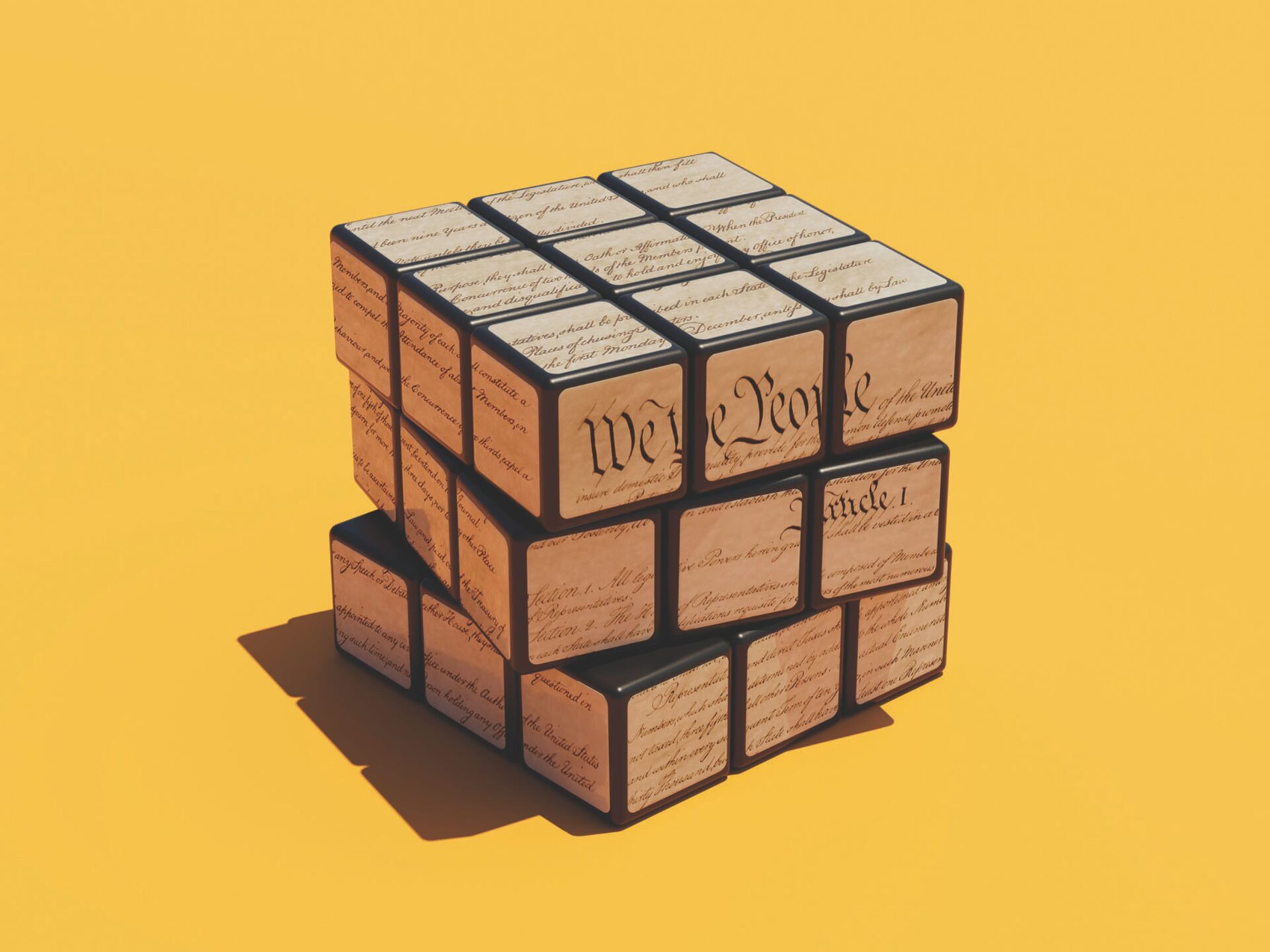 A graphic of a Rubix cube printed with the Constitution.