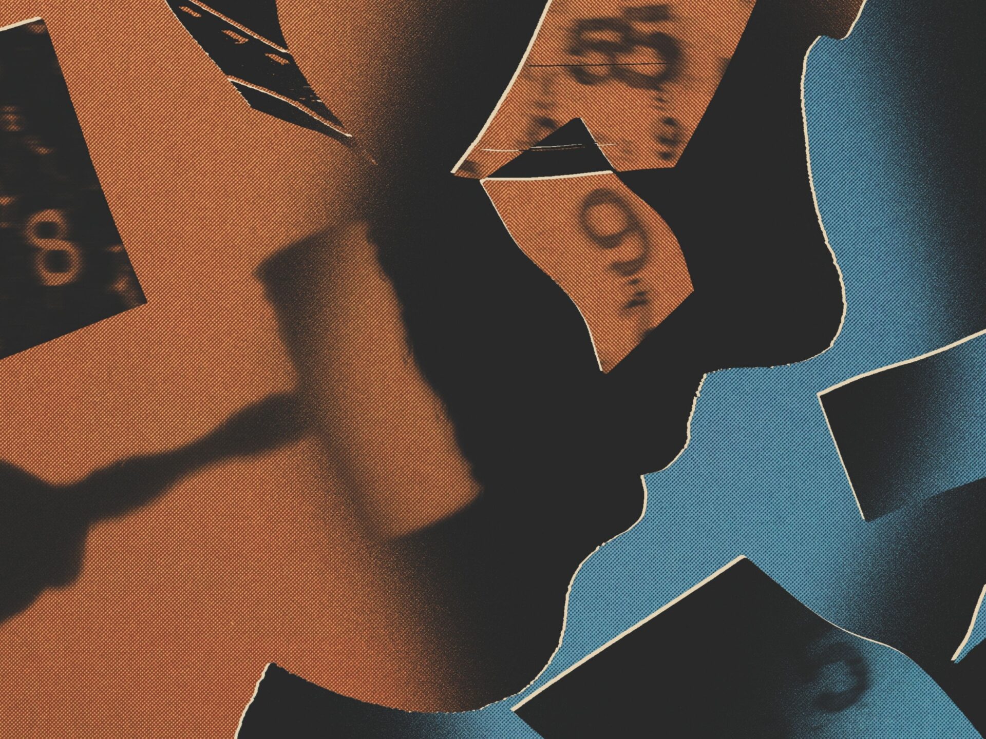 A stylized collage shows close-up profiles of faces in orange and blue tones, overlaid with torn pieces featuring numbers and symbols, creating an abstract, tense mood.