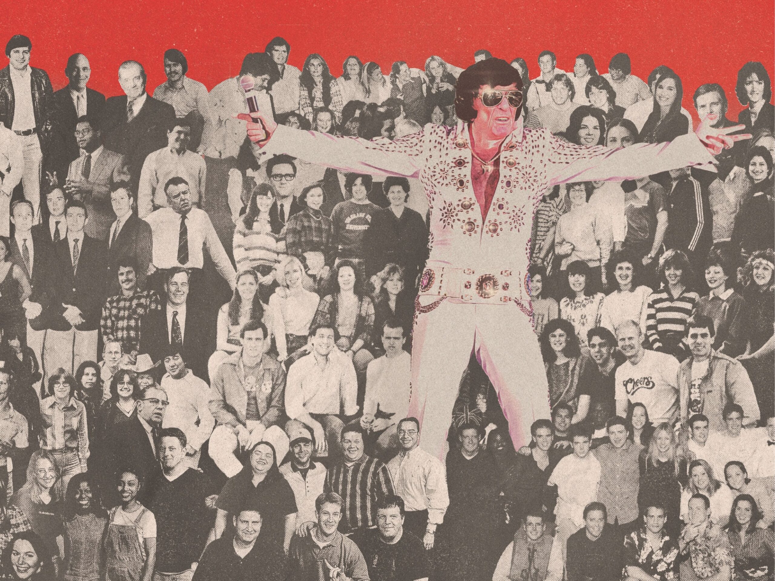Stylized collage of an Stanley Johansen dressed as Elvis Presley in a white jumpsuit and sunglasses holding a microphone with arms outstretched, set against a red background and a black-and-white crowd of people behind him.