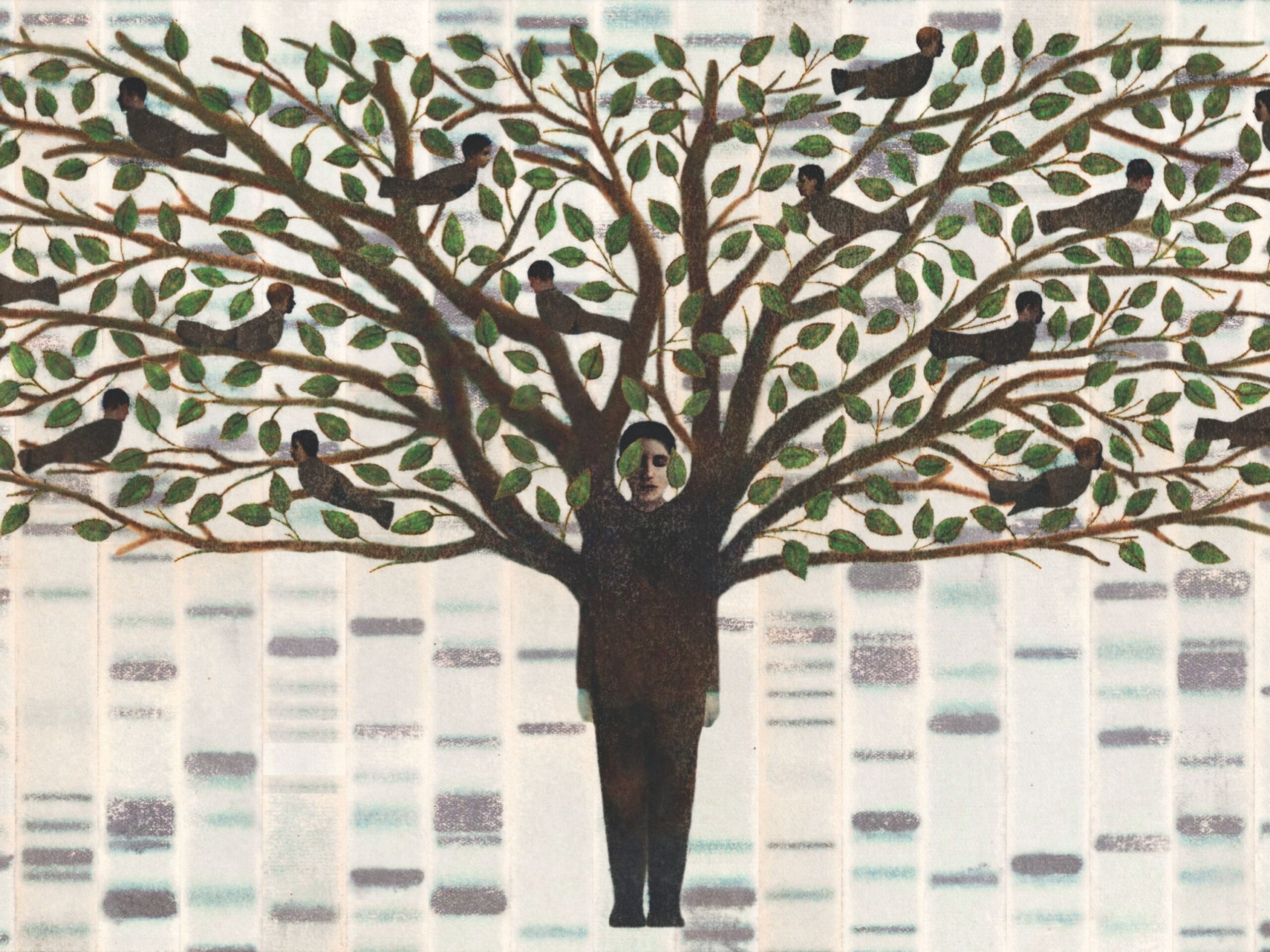 A surreal image of a person whose body becomes a tree with green leaves. Human-like bird figures sit on the branches, and the background shows faint patterns of a DNA gel electrode.