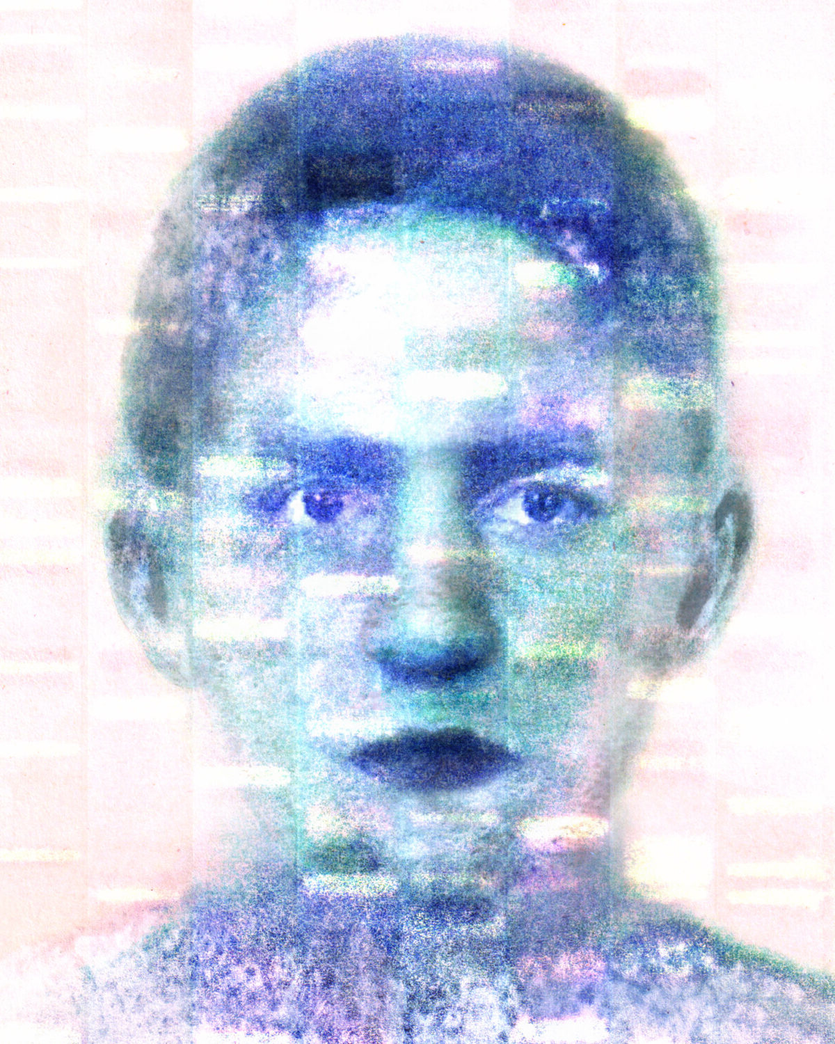 Graphic illustration of a face covered with forensic science patterns.