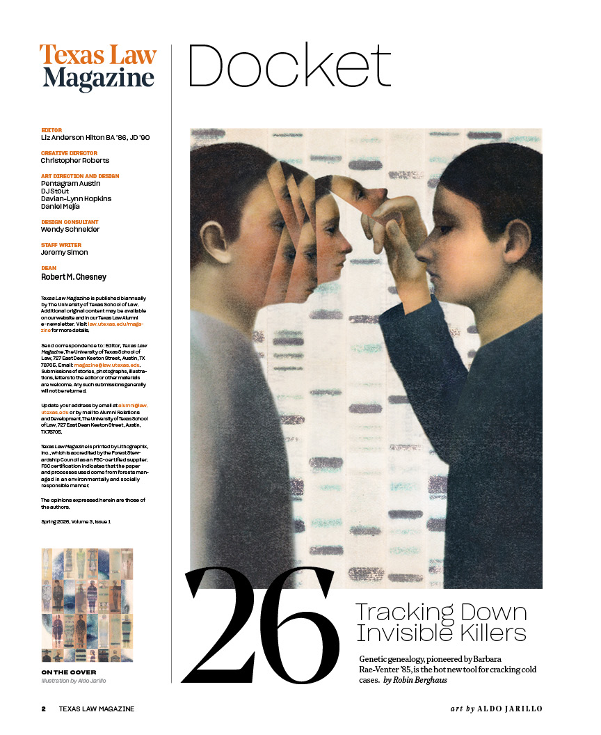 Texas Law Magazine "Docket" with contributing individuals listed as well as an person in profile touching their reflection, with multiple overlapping images creating a blurred, layered effect.