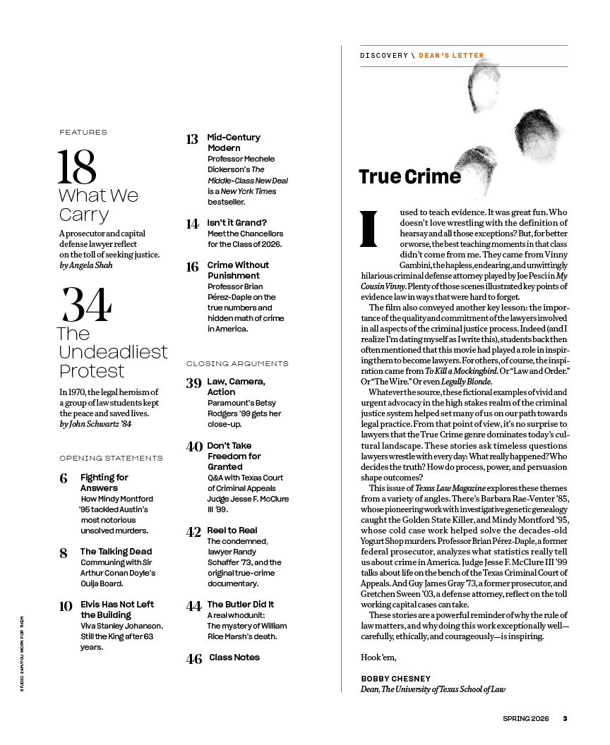 The Docket list of featured stories with a letter from the Dean titled "True Crime"