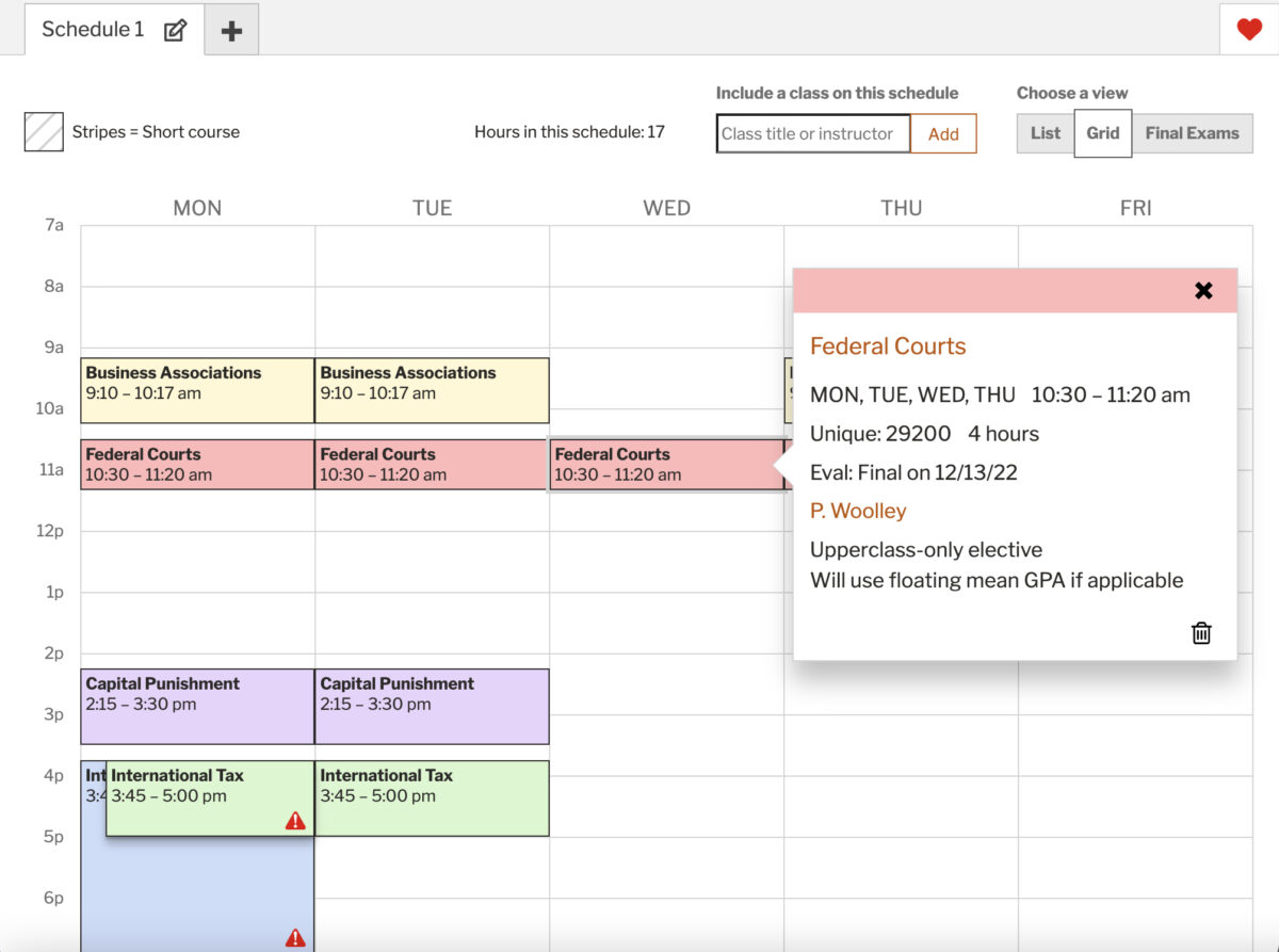 schedule planner with classes and class detail popup