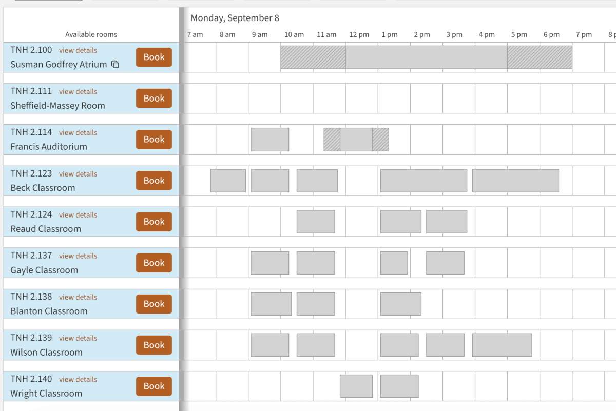 room unavailability is shown as grey boxes blocking time slots