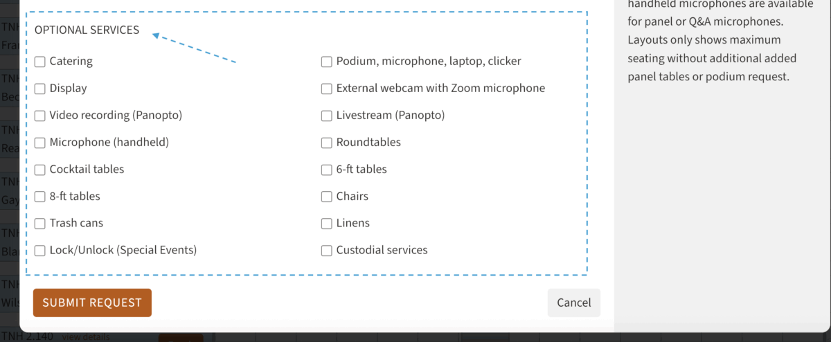 services assigned to a room that the user can choose from