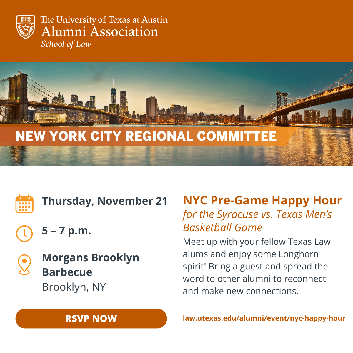 Texas Law Alumni Association New York City Regional Committee invites you to a pre-game happy hour on Nov. 21 - RSVP Now