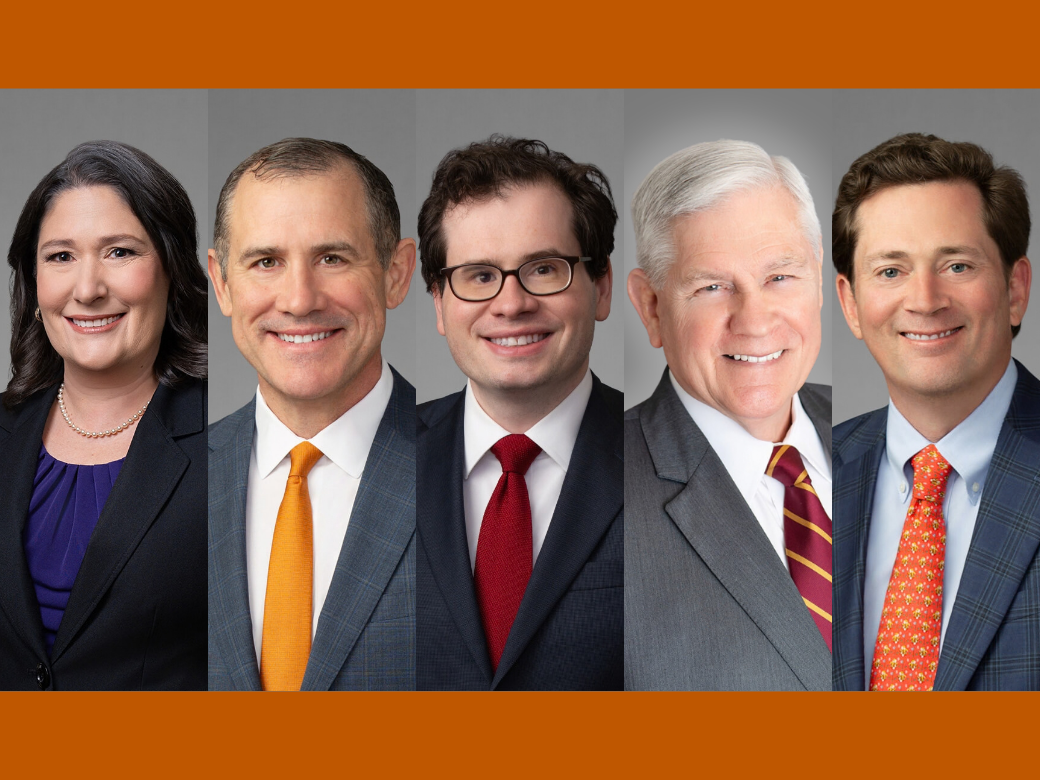 Hick Davis Wynn Texas Law Alumni (from left) Danya Blair '94, Jarod Bonine '03, Rory Hatch '14, Thomas Sartwelle '67, Forrest Wynn '02
