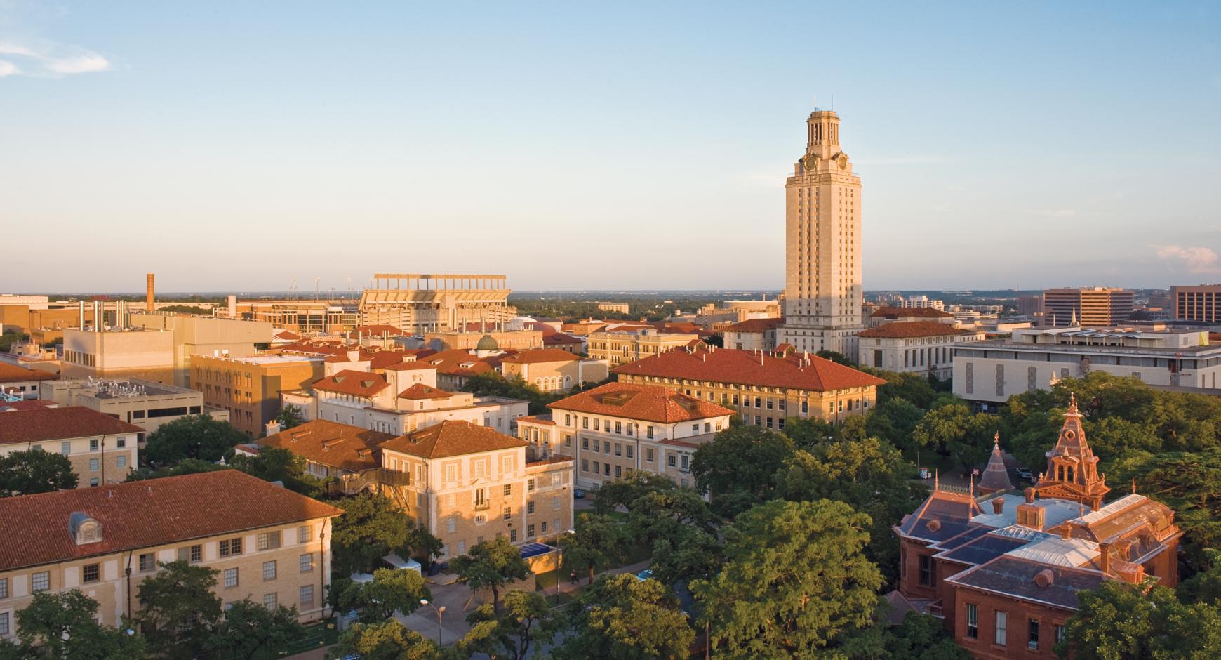 UT campus overview with the UT tower in the middle