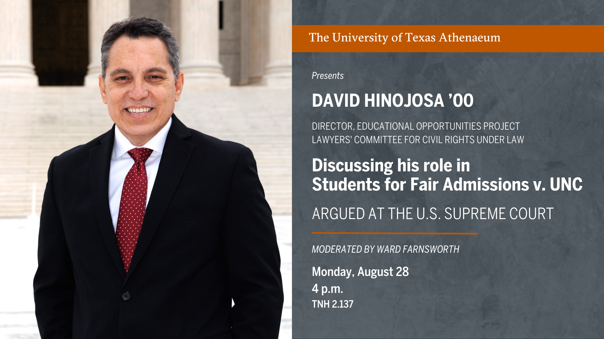 The Athenaeum presents David Hinojosa '00 on Aug. 28, 2023.