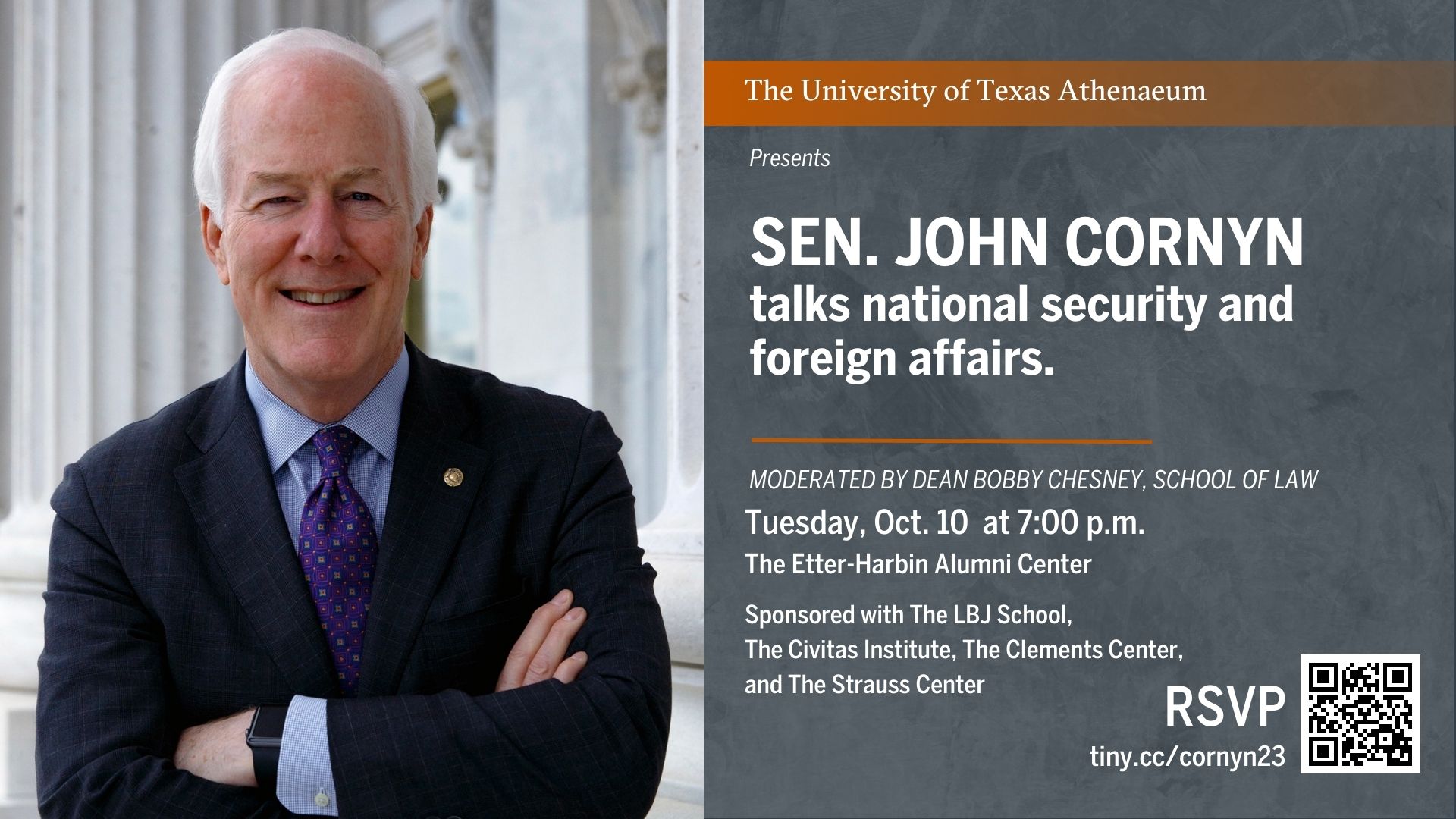 The Athenaeum presents Sen. John Cornyn on Oct. 10, 2023.