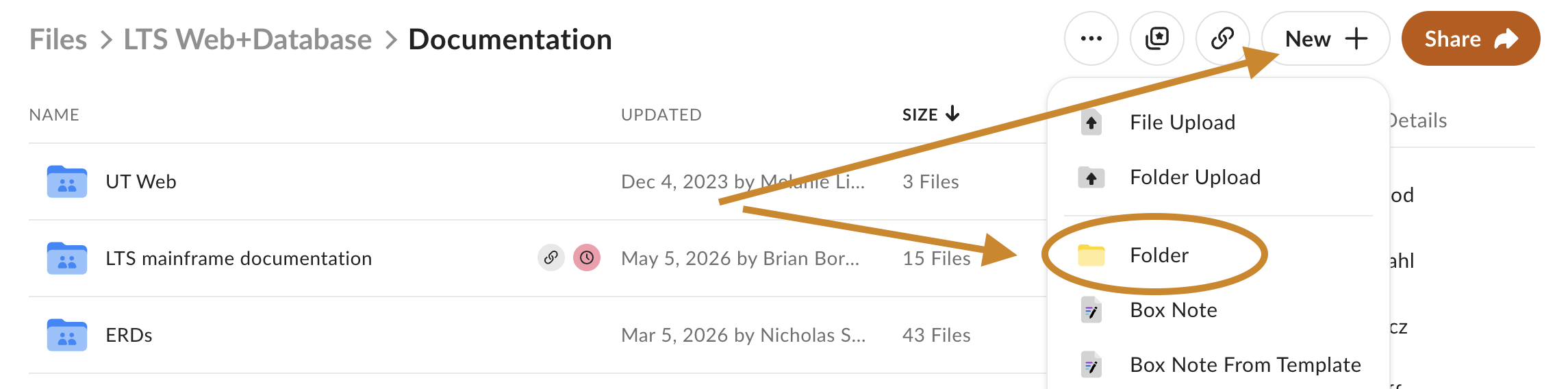 Adding a new folder in Box by selecting New and then Folder