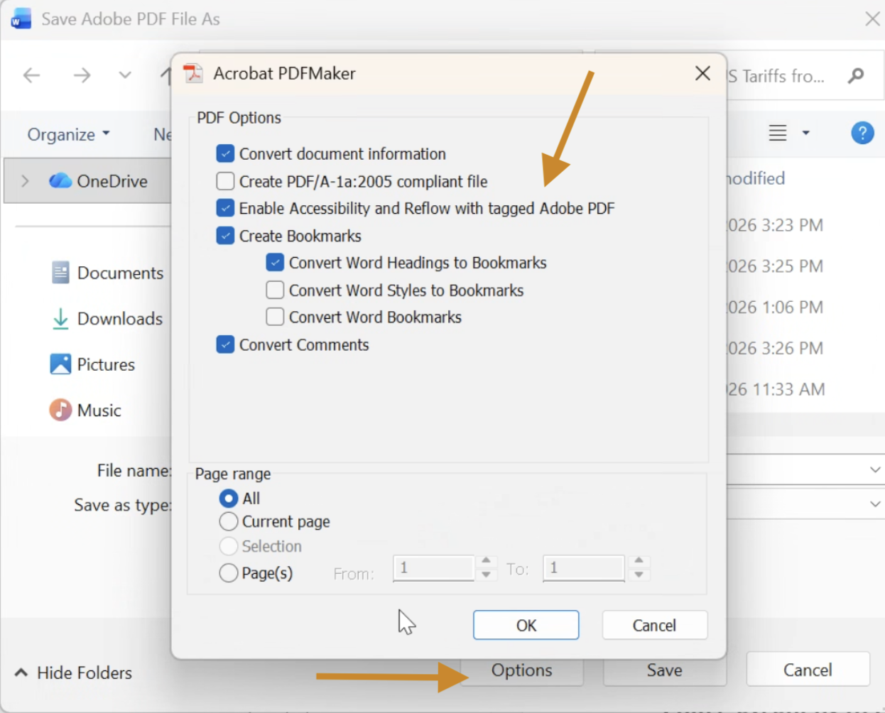 Options to save as an Adobe PDF in Microsoft Word on Windows
