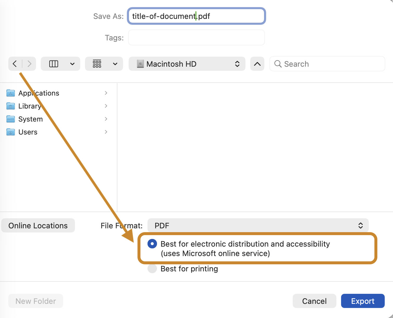 Saving a Microsoft Word document on a Mac as a PDF with the option selected for accessibility