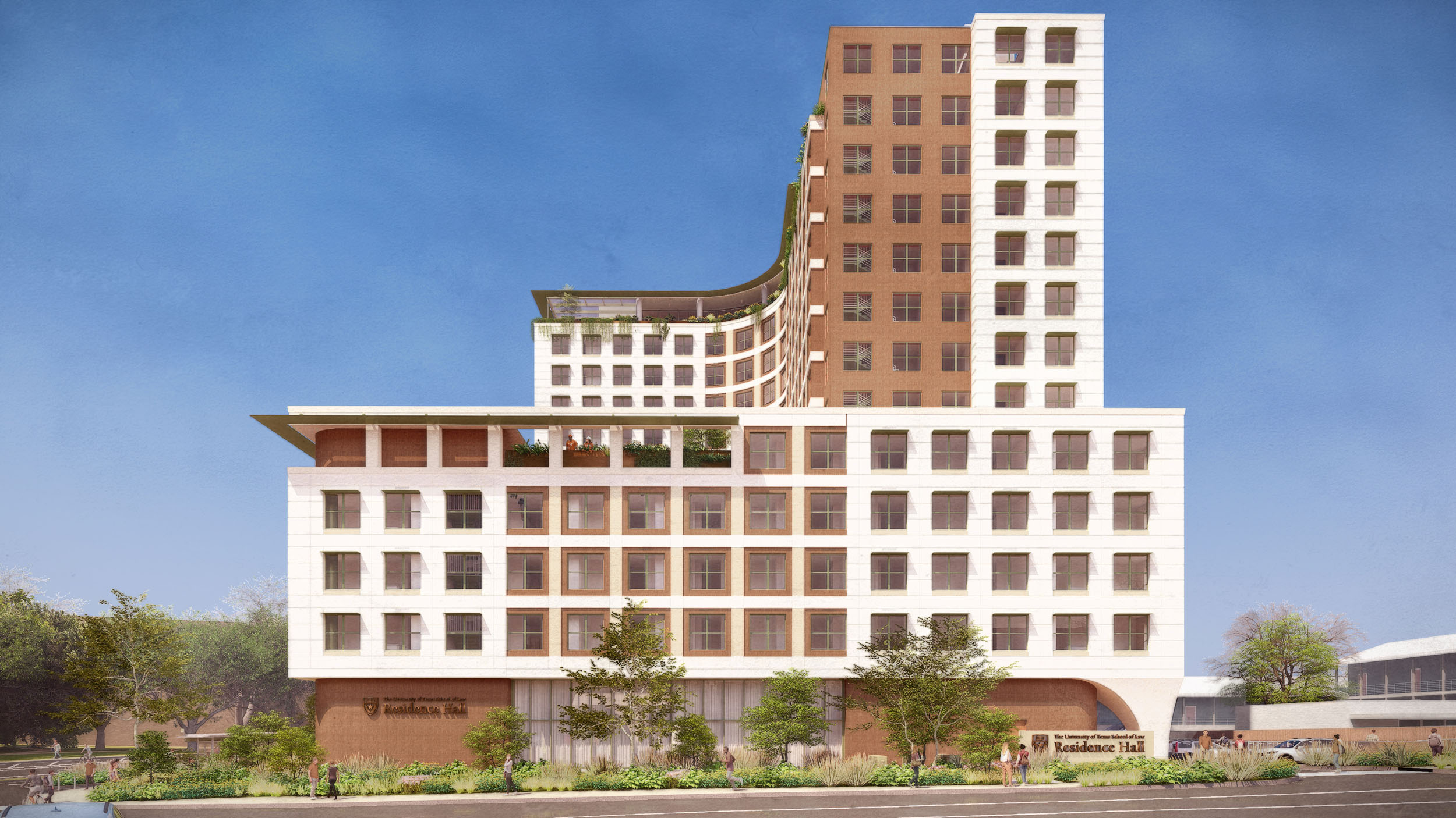 Street-facing exterior of the residence hall from Medical Arts. A lower section of the building with a rooftop terrace and arched entrance sits in front of a taller tower behind it. Students and trees line the landscaped sidewalk.