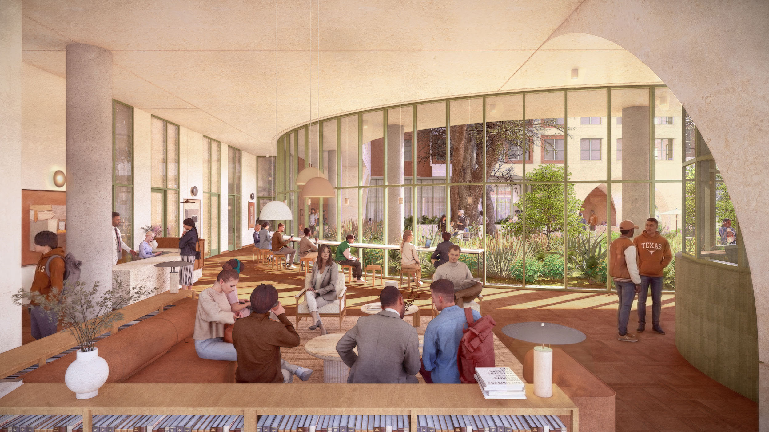 Students gather in a large open lounge with glass windows overlooking a courtyard garden. Some sit on a sofa in the foreground, while others work at tables or chat near a front desk. Bookshelves line a counter in the foreground.